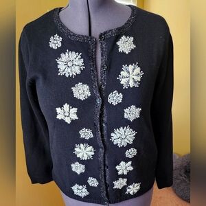 Winter Black w White Embroidered and Beaded Snowflake Cardigan Size L